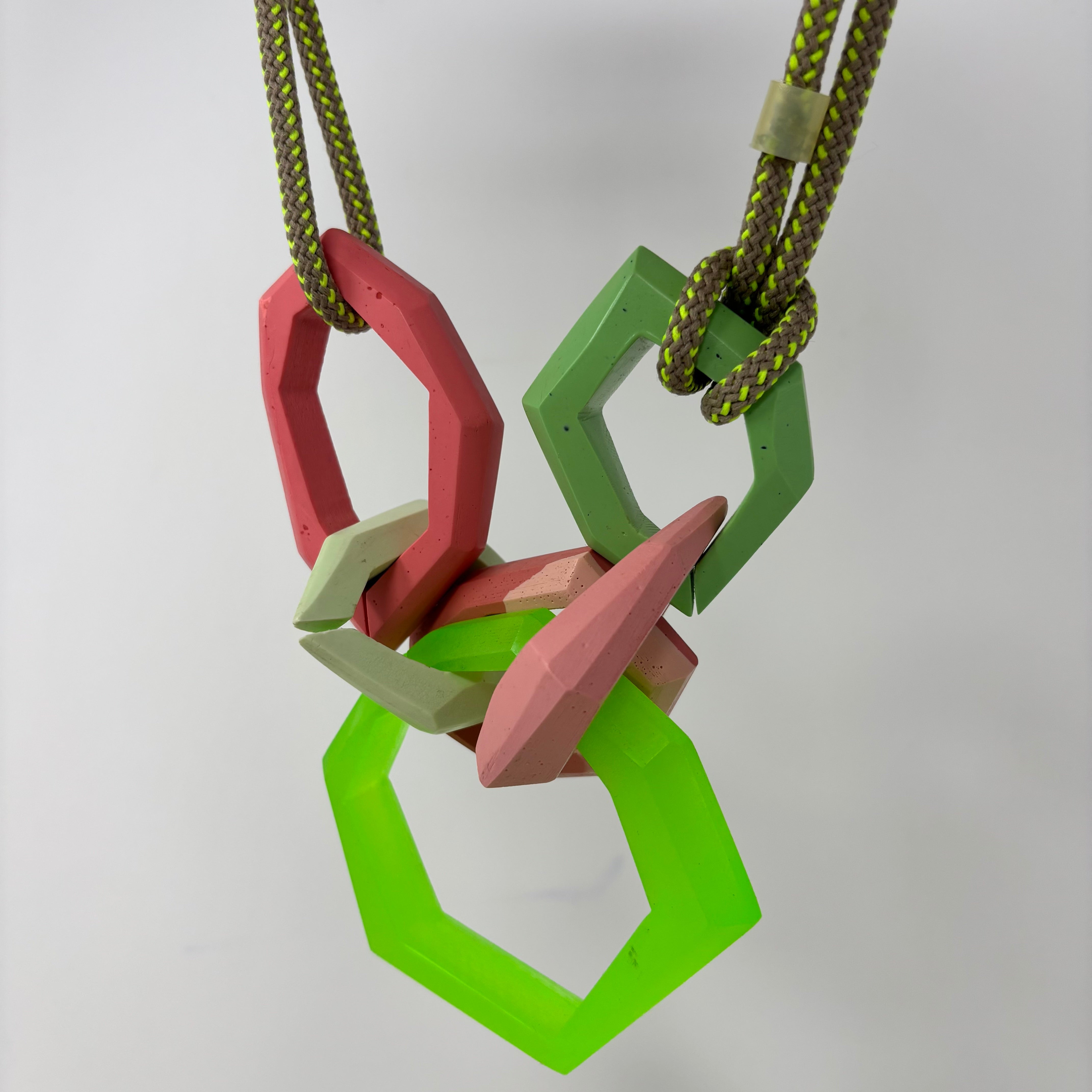 Links Necklace, 6 Links on a lime green speckled cord