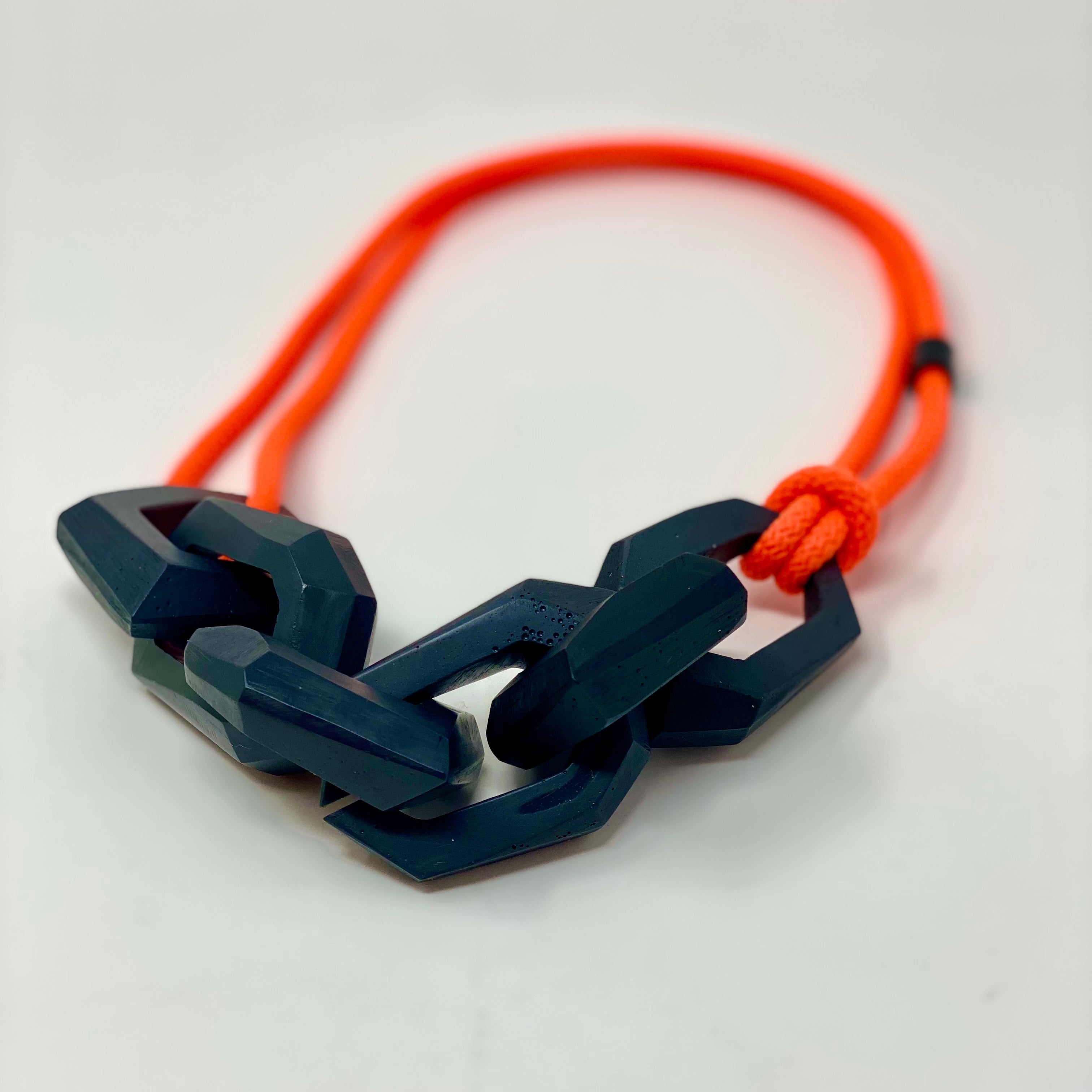 Maca Links Necklace, charcoal and fluro orange