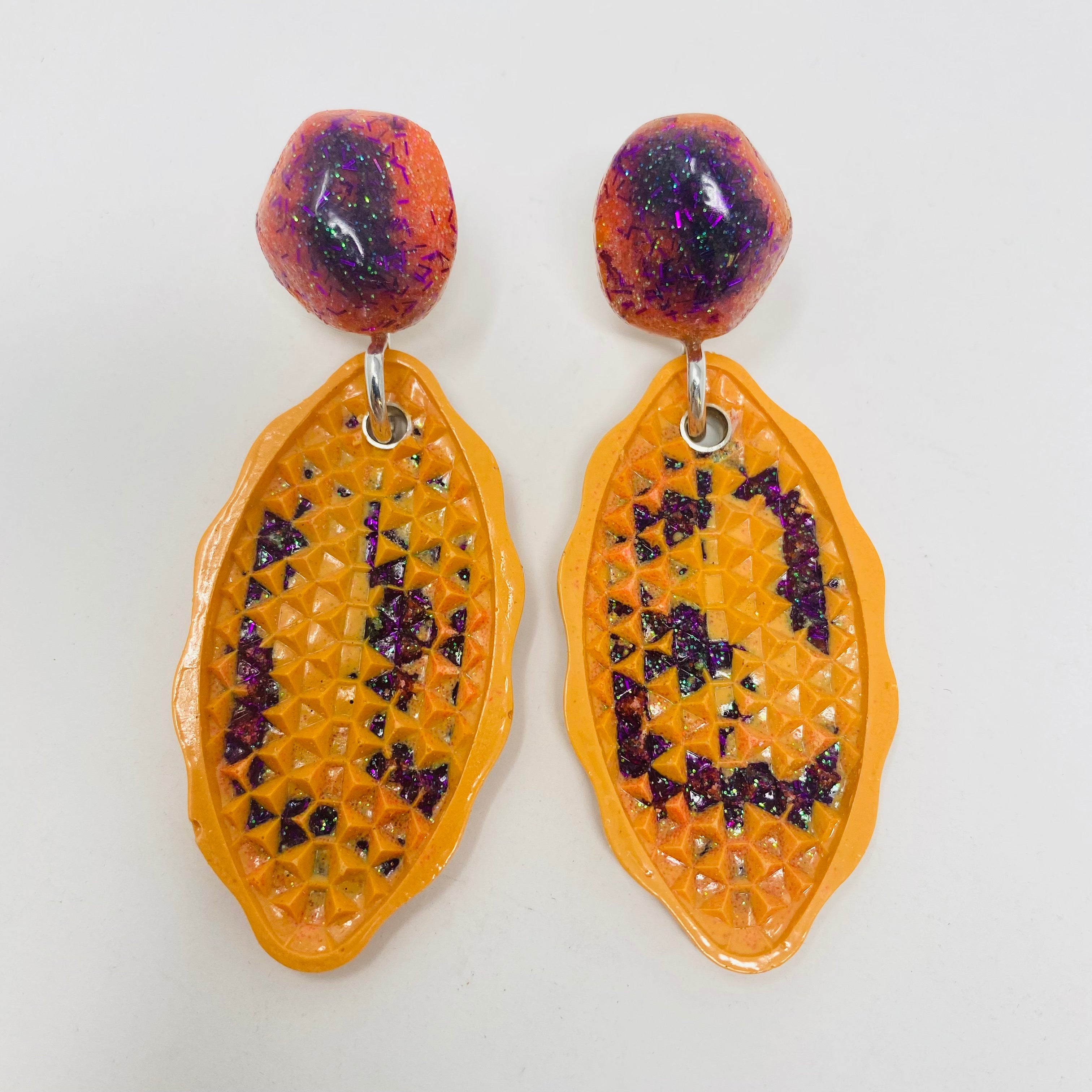 Cateye Earrings, bright orange, purple and glitter