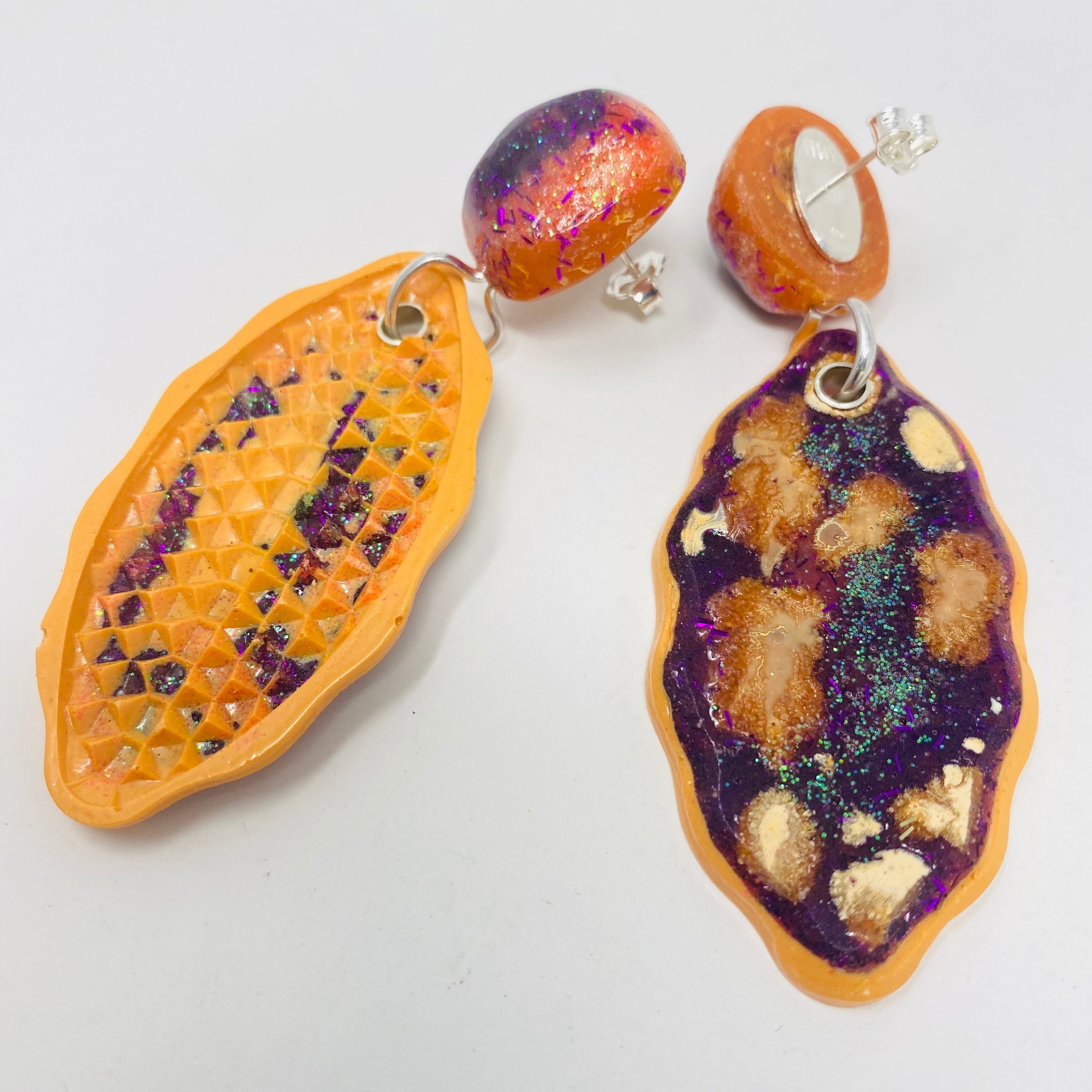 Cateye Earrings, bright orange, purple and glitter