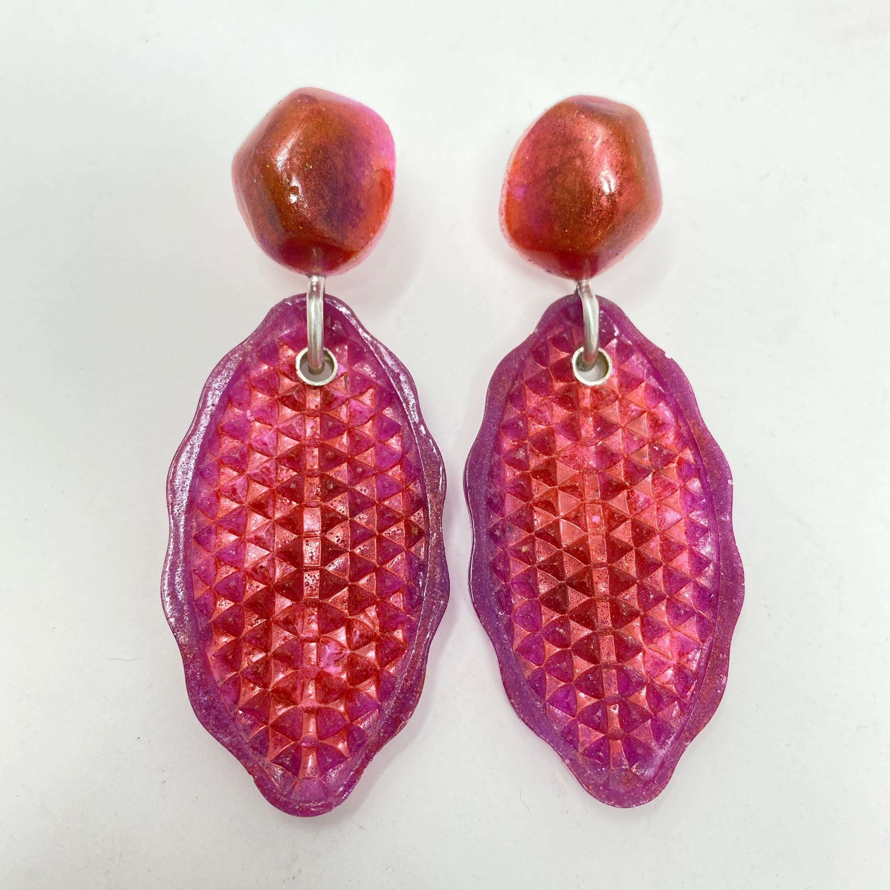 Cateye earrings, hot pink, purple and copper dust