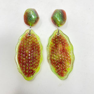 Cateye earrings, lime green, raspberry, glow in the dark and glitter
