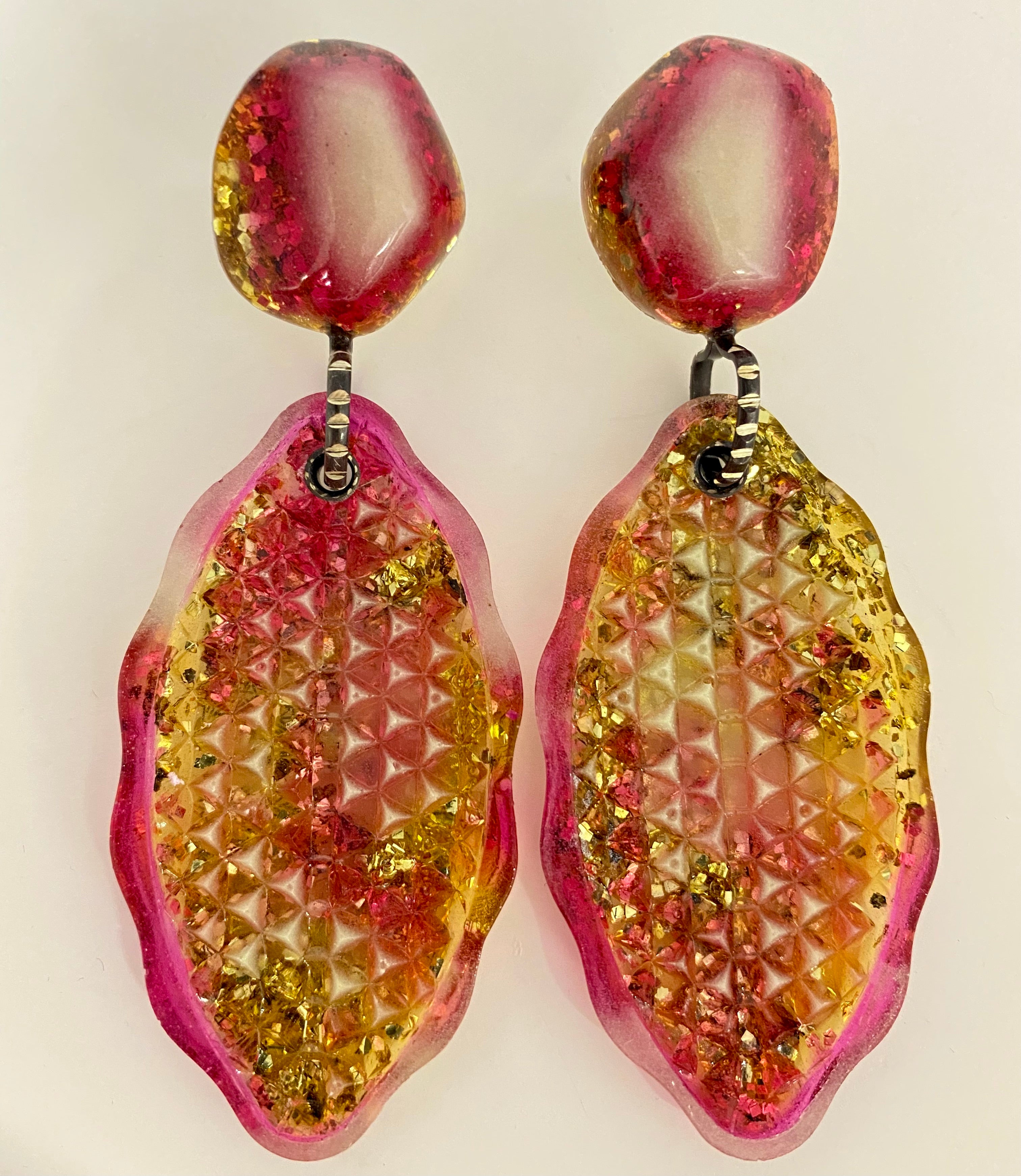 Cateye earrings, raspberry, amber, glow in the dark and gold glitter