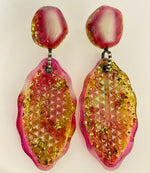 Load image into Gallery viewer, Cateye earrings, raspberry, amber, glow in the dark and gold glitter
