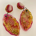 Load image into Gallery viewer, Cateye earrings, raspberry, amber, glow in the dark and gold glitter
